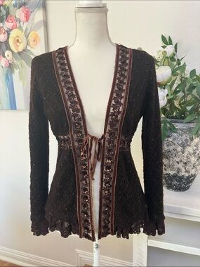 Vintage Fairycore hazel Brown Embellished Tie-Front Cardigan